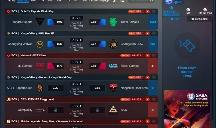 Bảng kèo cá cược Thể Thao Điện Tử SB365
