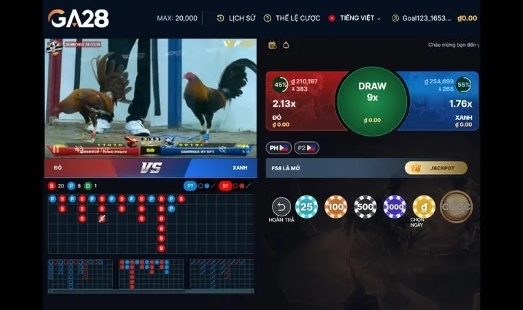 Giao diện đặt cược Đá Gà GA28 Tại SB365
