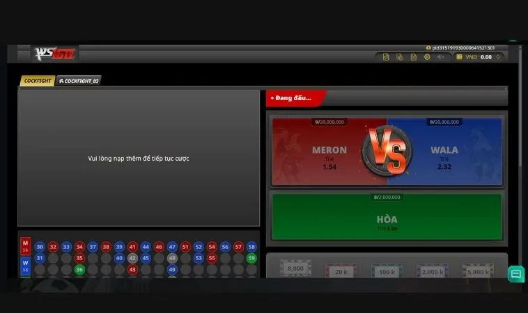 Giao diện đặt cược Đá Gà WS168 Tại SB365