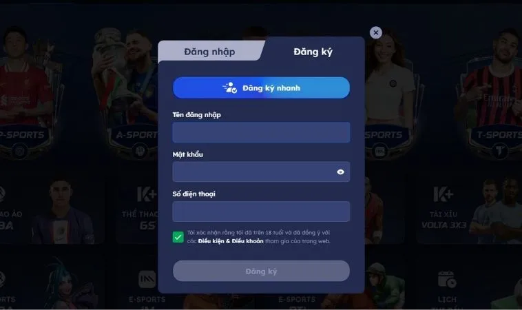 Giao diện đăng ký SB365