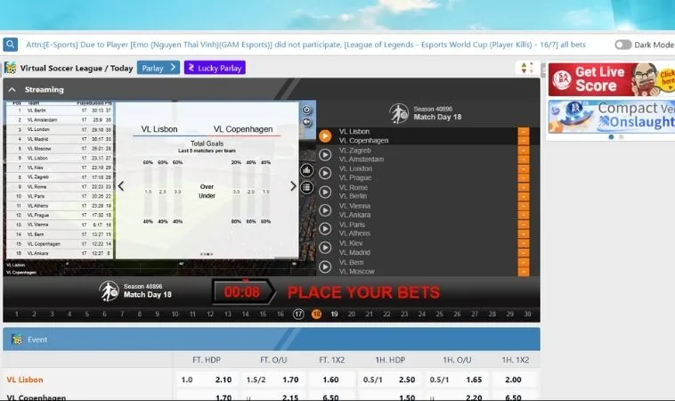 Giao diện cá cược thể thao ảo SB365