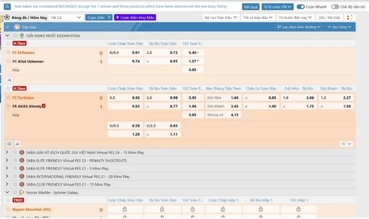 Bảng kèo cá cược bóng đá SB365