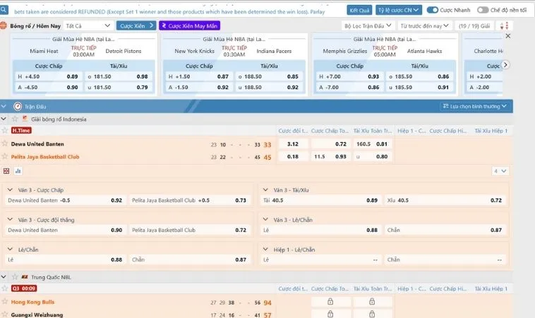 Giao diện đặt kèo cá cược bóng rổ SB365